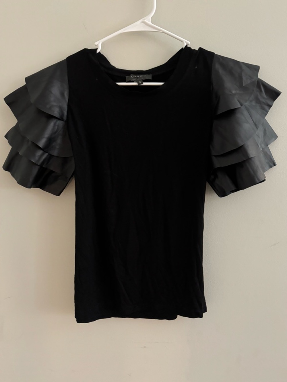 Gracia Black Short Sleeve Top with Layered Ruffle Sleeves